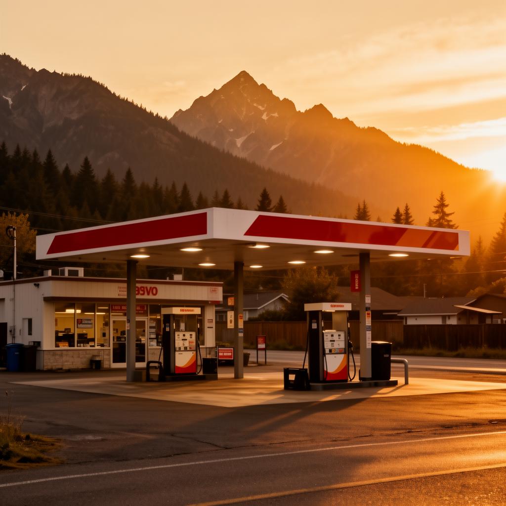 Independent gas station at sunset